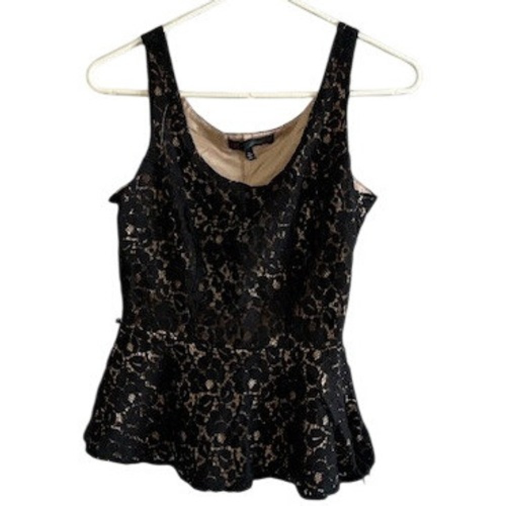 Heart and Soul Womens Black Lace Peplum Top Sleeveless Scoop Neck Tan Lining